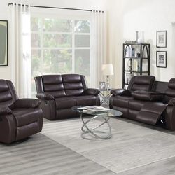 3PC Brown Bonded Leather Couch Sofa Recliner, Loveseat Recliner, Recliner Chair