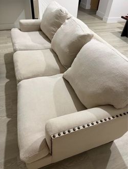Cream Fabric Sofa with Nailhead Trim