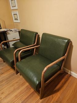 2 Mid-Century Modern Green Faux Leather Accent Chairs - Pair