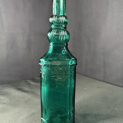 Vintage Teal Green Class Bottle  Embossed  Design Raise 12"