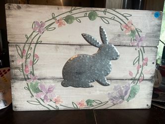 Rustic Wood Bunny Wall Sign with Metal Accent