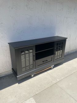 Farmhouse TV Stand for TV up to 65 70 Inches, Tall Media Console Table with 2 Glass Storage Cabinets, 1 Drawer & 2 Open Shelves