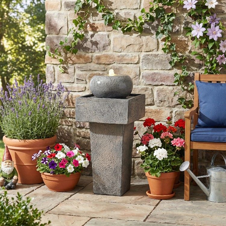 25.59"H Minimalist Concrete Column Fountain–LED-Lit Modern Outdoor Oasis, Sturdy Landscape Feature for Patio, Porch