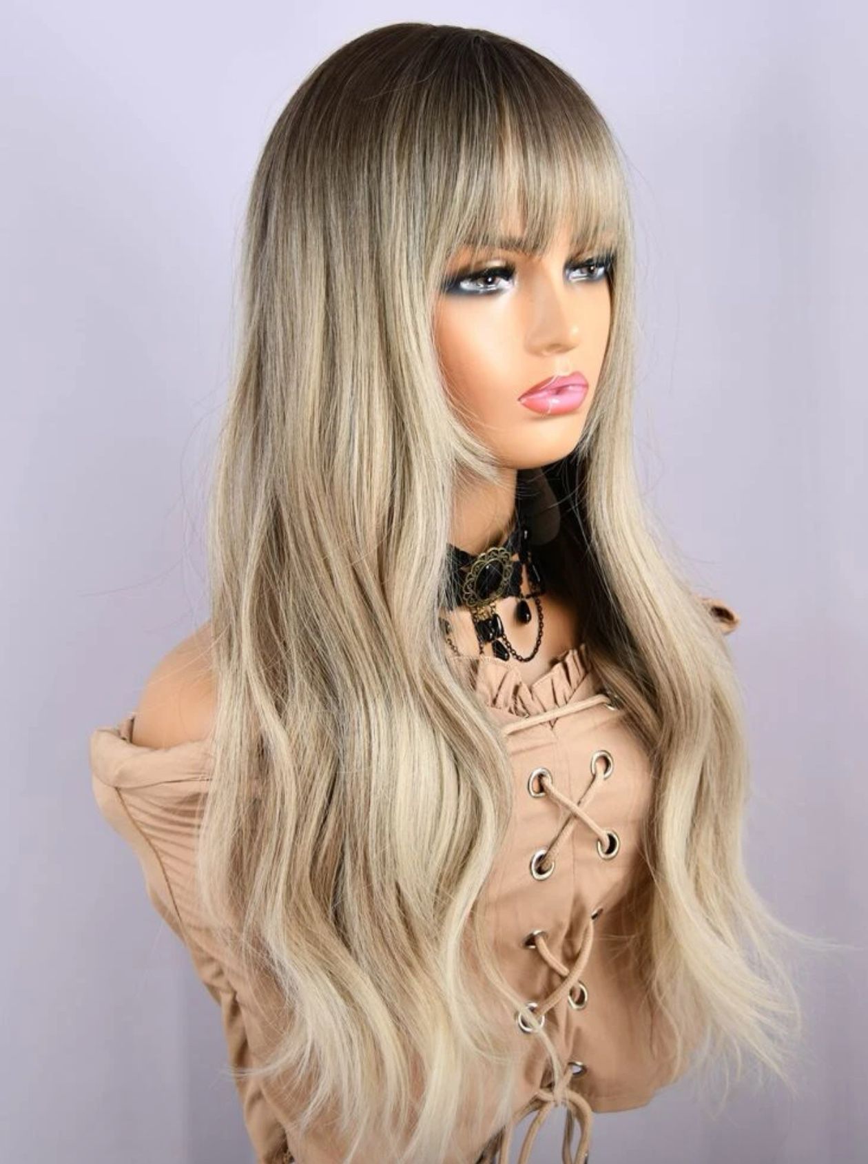 Blonde Long Curly Wig With Bangs