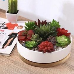 6 inch White Ceramic Flower Planter Pot with Bamboo Tray, Pack of 2 - Plants Not