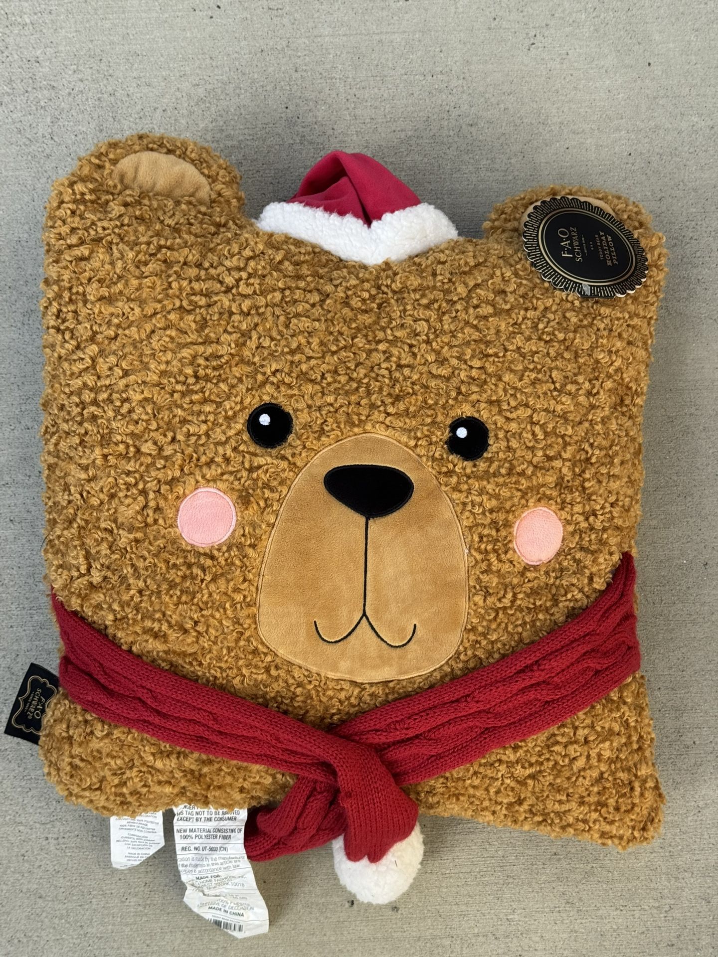 FAO SCHWARZ Brown Christmas Teddy Bear Face Pillow NEW With Tags 20" x 20"