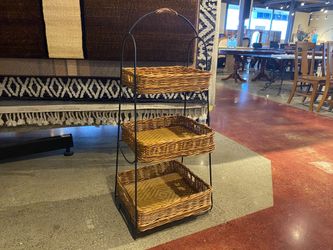 Metal Frame 3-Tier Rattan Basket Storage Tower