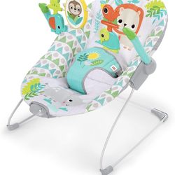 Brand new Bright Starts Spinnin' Safari Vibrating Baby Bouncer Seat with Toy Bar