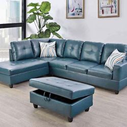 Blue Leather Sectional Couch And Ottoman