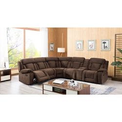 DARK BROWN Fabric Modular Sectional Sofa w/  3 Manual Recliner