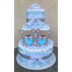 Twin baby boy bear themed diaper cake great for baby showers