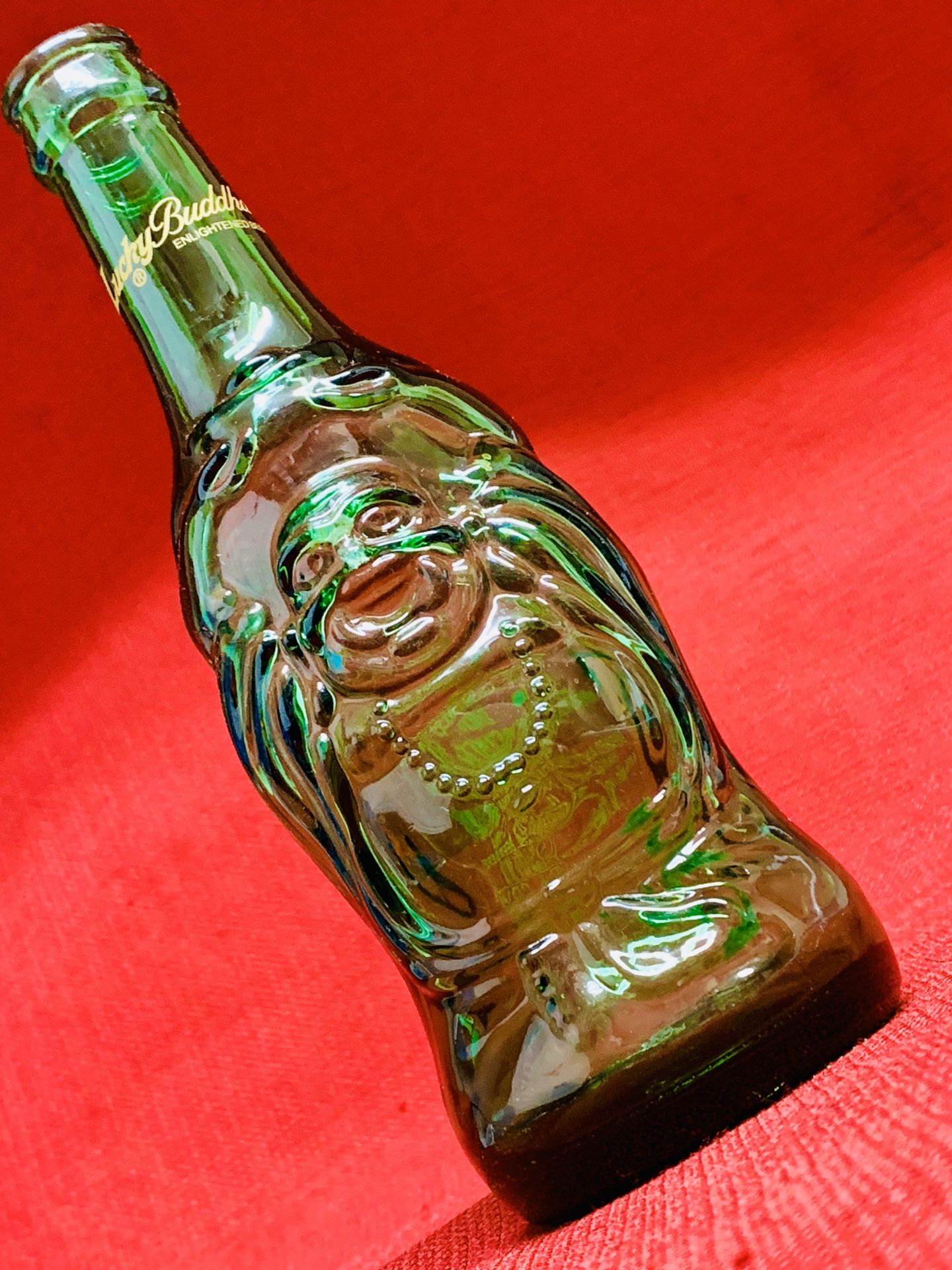 Lucky Buddha ENLIGHTENED BEER Green Glass Figural Empty Bottle 8 1/2