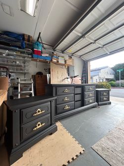 Black dresser + two nightstands / gold hardware