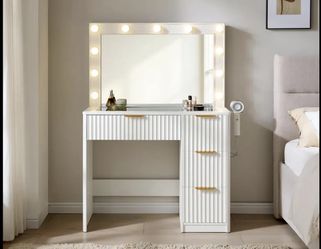 36.2" Fluted Vanity Desk with Mirror and Adjustable LED Lights, Large 4 Drawers Makeup Table with Glass Top and Charging Station for Women and Girls, 