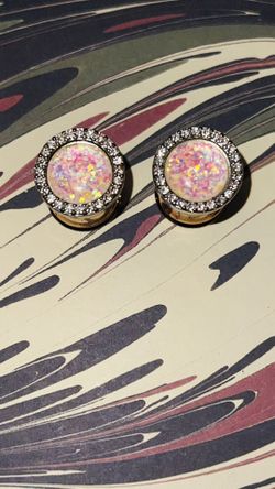 Gold opal oval plugs with rhinestones