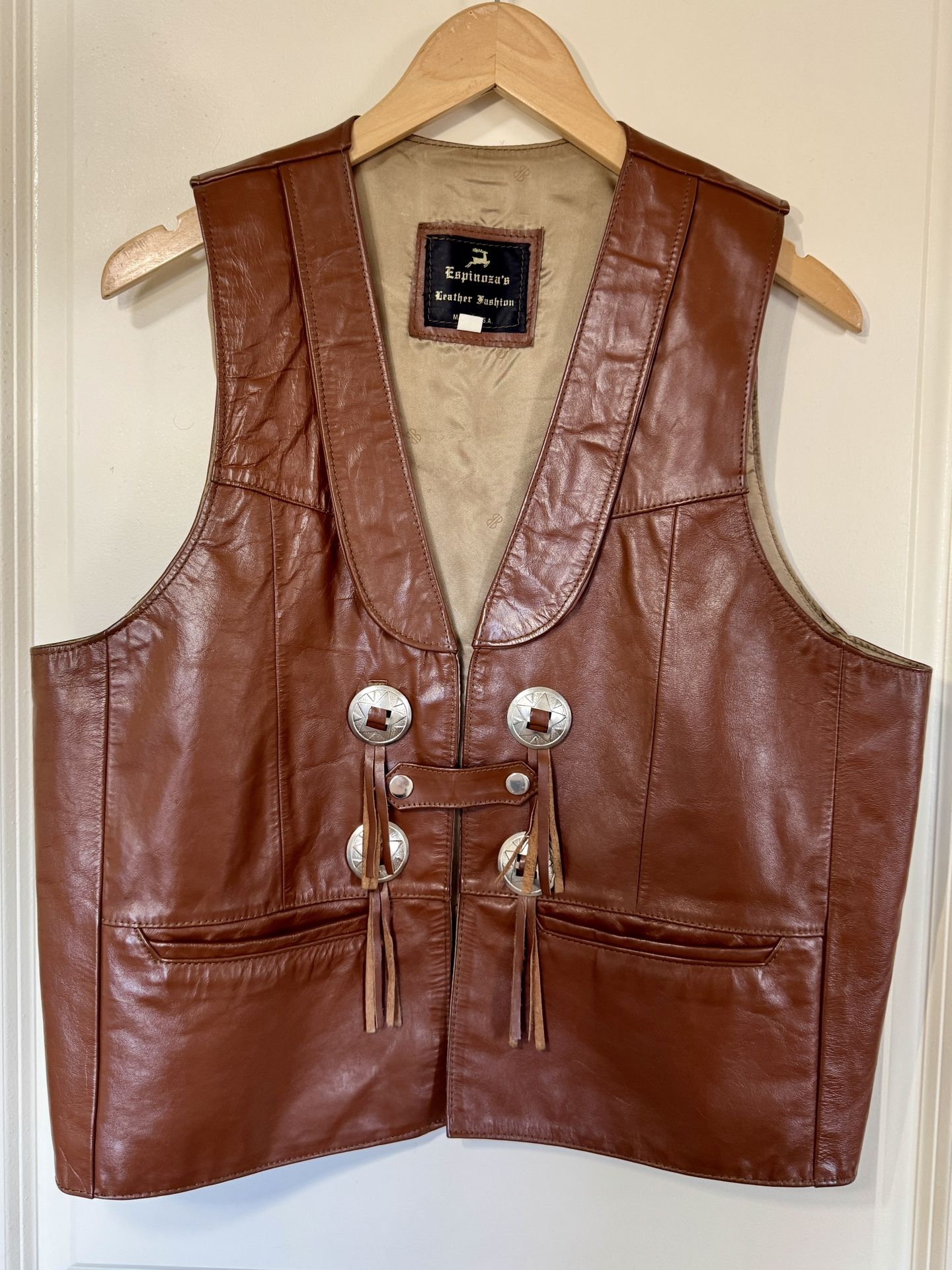 Vintage Espinoza’s Leather Fashion Western Vest USA Brown Concho Fringe L 