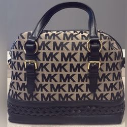 Michael Kors Gladstone Black Beige Leather Fabric Satchel Bag Purse- New With Tags