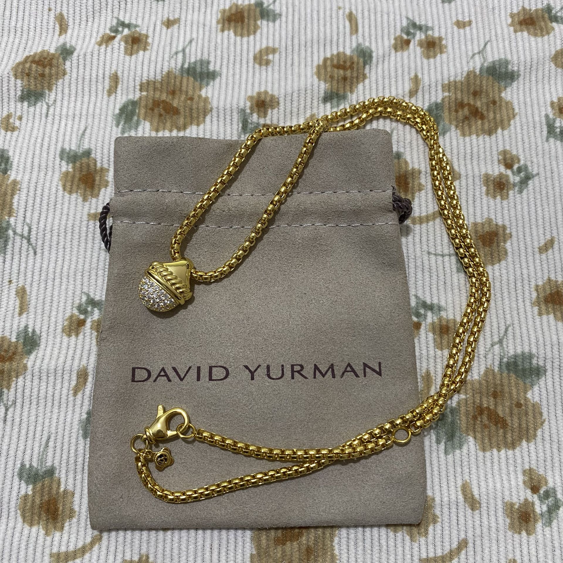 Luxury Authentic David Yurman Genuine Diamonds Accent Iconic Design 3D Acorn Solid 18K 750 Yellow Gold Necklace 16in