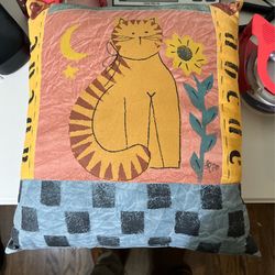 Handmade Decorative Tabby Cat Throw Pillow Sunflower Crescent Moon Star