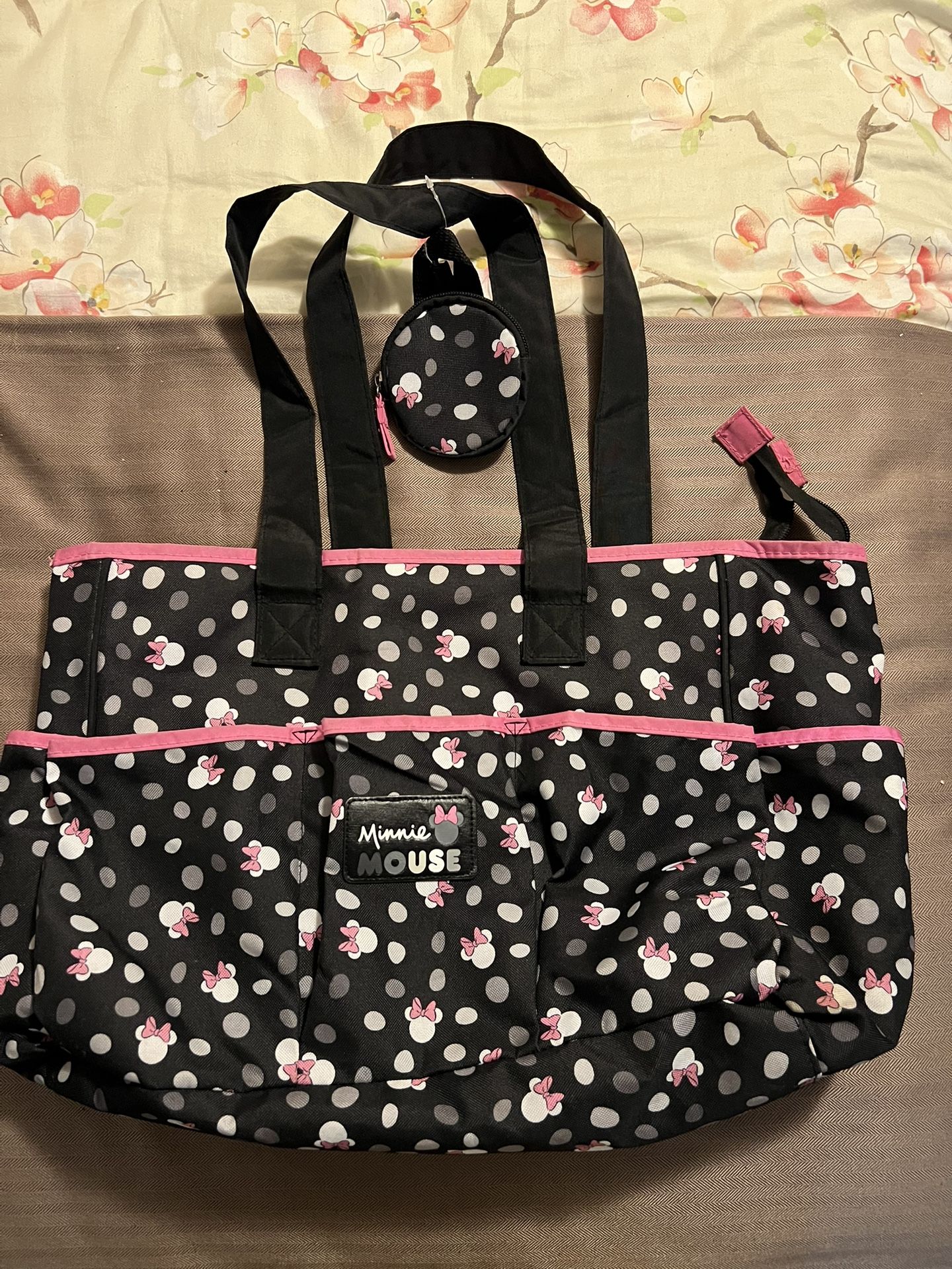 Disney MINNIE MOUSE Diaper Bag w/ Insulated Pacifier Bag, 8 Pockets
