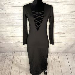 Fashion Lace Up Front Bodycon Black Dress Sz. L