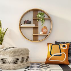Bohemian Round Natural Wood Wall Shelf