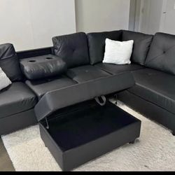 BLACK LEATHER sectional w/ STORAGE OTTOMAN - FAST DELIVERY!!