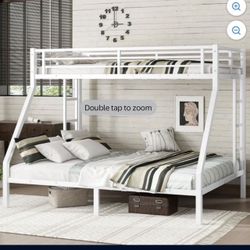 QJTC Metal Bunk Bed Twin Over Queen Size with Ladder & Guardrail, Metal Bed Frame for Teens Adults, Heavy Duty Sturdy Bunk Beds 