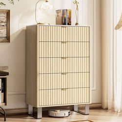 NEW005-beige $95  Fluted 5 Drawers Dresser, 48" H Modern Country Storage Dressers with Brushed Metal Handles, Wood Storage Organizers for Bedroom, Liv