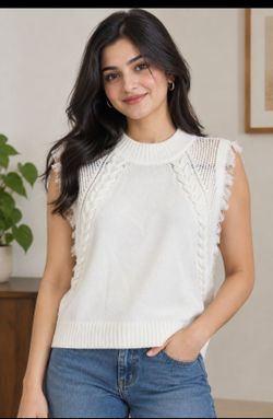 White Cable Knit Sweater Vest with Fringe size M &  XL