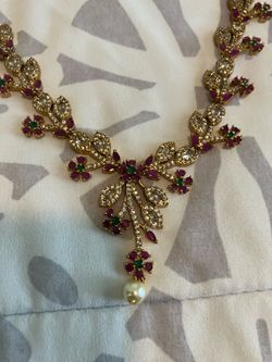 Gold-Tone Floral Necklace with Pearl Drop