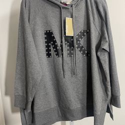 Michael Kors Plus 2X Studded Logo Heather Pearl Grey hoodie Top- NWT