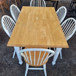 Farmhouse Dining Table And 6 Chairs/Oak/Country/Rustic/Shabby/Distressed/Solid Wood/White/Butcher Block Style/Nook