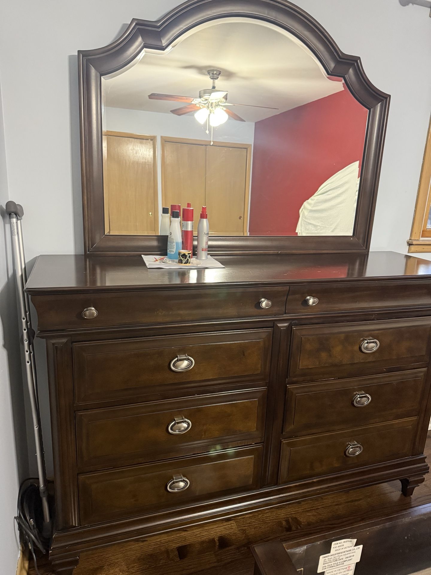 8 Drawer Dresser With Mirror In Brown Cherry