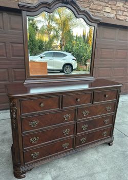 Dark Cherry Solid Wood 9-drawer Dresser with Mirror