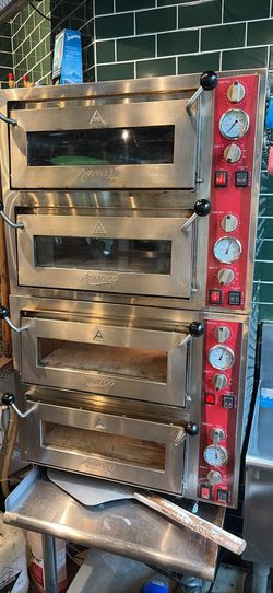 (2) Double Deck Advantco DPO-18 Ovens 240V W/ Stainless Steel 2-Tier Stand.
