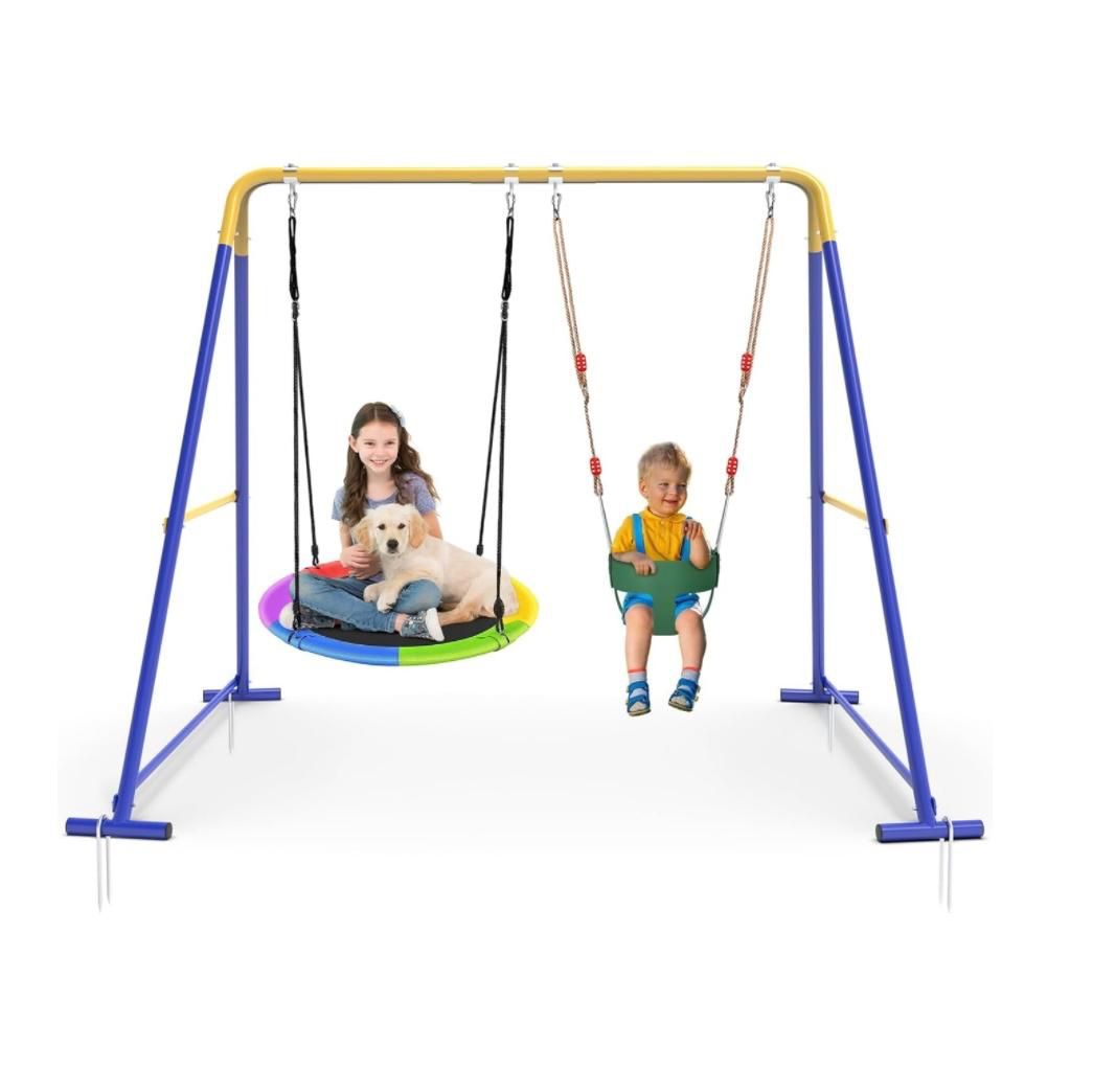 Swing Sets for Backyard, Toddler Swing Set with 2 Seat 1 Saucer & 1 Belt Seat, 440lbs Heavy-Duty Swing Frame w/8 Ground Stakes, (J23)