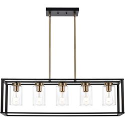 VINLUZ Farmhouse Chandeliers for Kitchen Island with Clear Glass Shade Black and Brushed Brass 5 Light Dining Room Lighting Fixtures Hanging, Rectangl