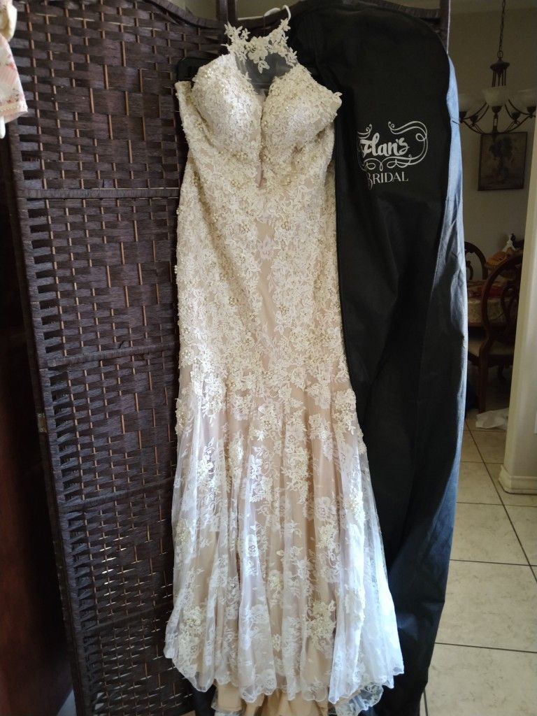 Wedding Gown with Cover Bag/Ivory Colored With Pearl Beads Halter Top Size L XL