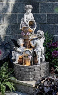21-Inch Outdoor Water Fountain, 4-Tier Cascading Resin Cherub Garden Fountain with 3 LED Lights, European Style Decorative Water Feature for Backyard,