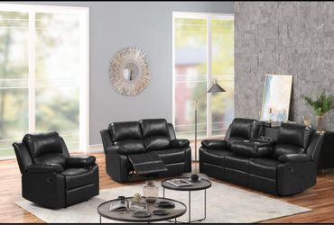 Black Leather Reclining Sofa Set 3-Piece