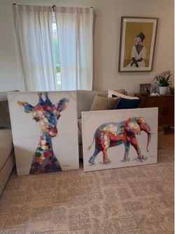 Set of 2 giraffe and elephant art work