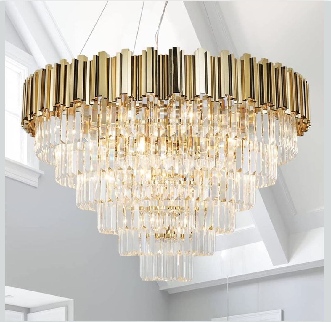 New D35.4”  XL 17-Light 6-Tier Gold Crystal Tiered Chandelier Luxury Lighting for High Ceilings 