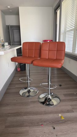 Set of 2 Adjustable Bar Stools – Brown Leather Style, Chrome Base