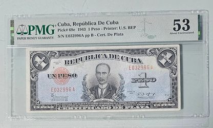 1 peso 1943 cuba certificado de plata pmg 53