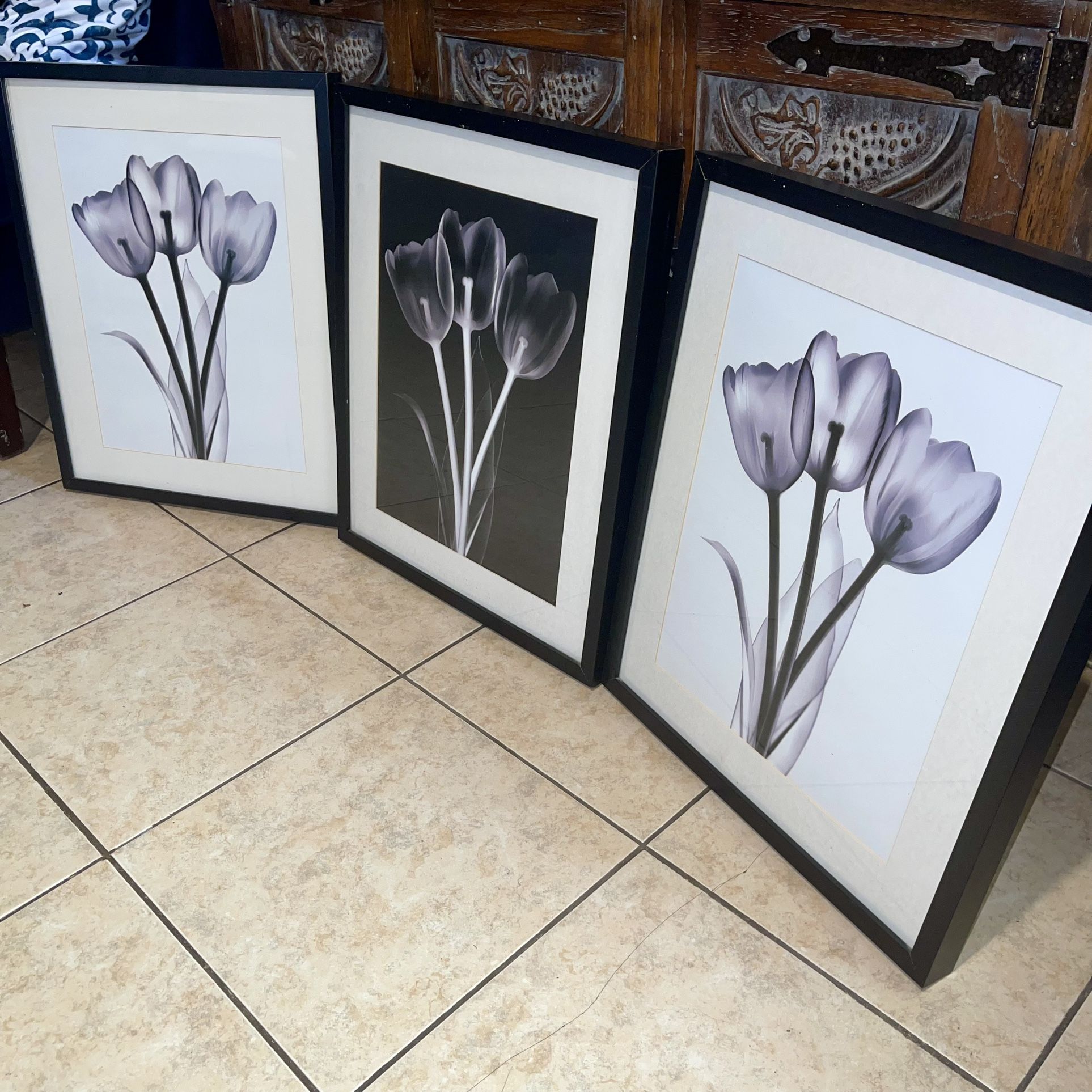 Framed “Black & White Tulips” Artwork - Set of Three