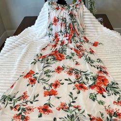 Calvin Klein Red Flower Dress With Open Shoulders And Tights In the Upper Back Area 