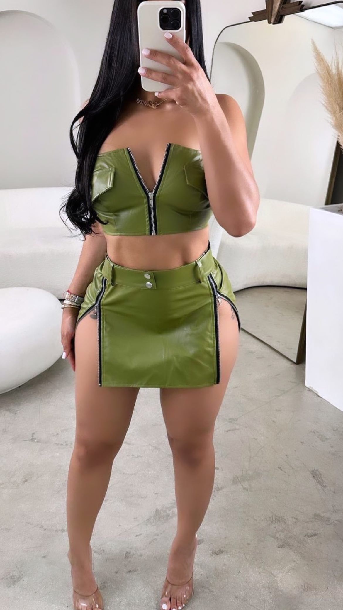 Green Leather Skirt Set