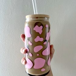 Cow print glass cup 16 or 20 oz