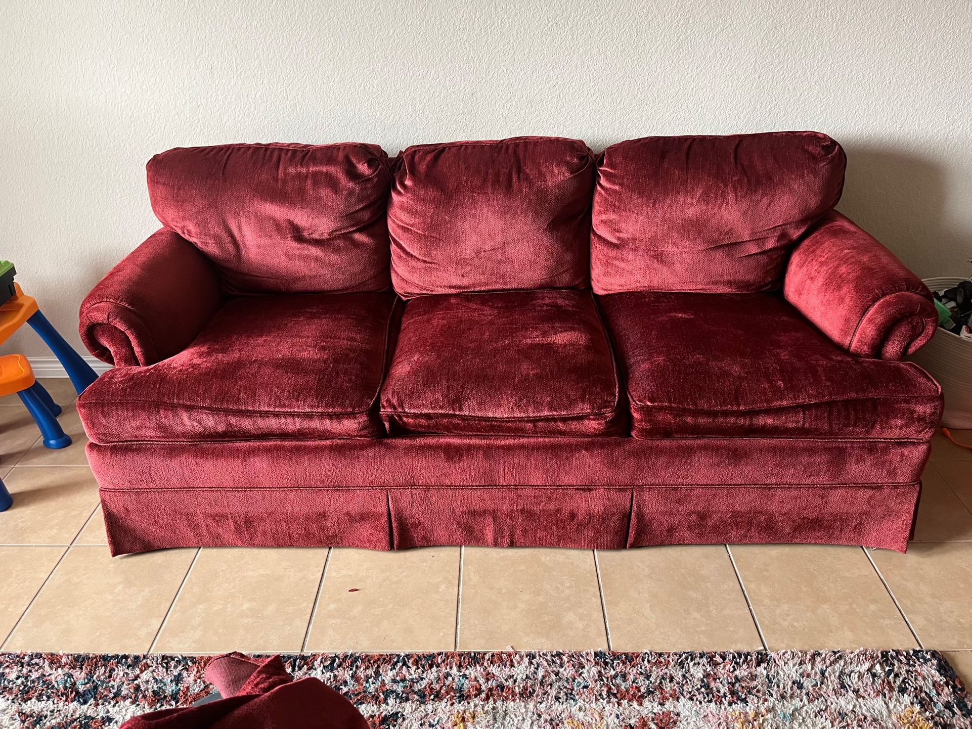 Red velvet couch 